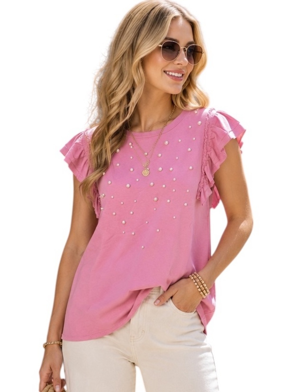 Umgee Pink Cotton Pearl-Stud Flutter Sleeve Tee - Picture 6 of 7